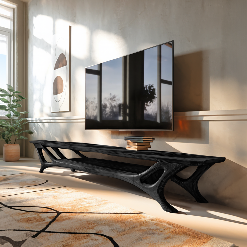 Curved Wood TV Stand for Contemporary Living Room, Modern Sculptural Media Console Credenza Entertainment Center