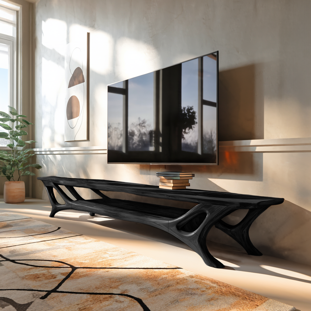 Curved Wood TV Stand for Contemporary Living Room, Modern Sculptural Media Console Credenza Entertainment Center