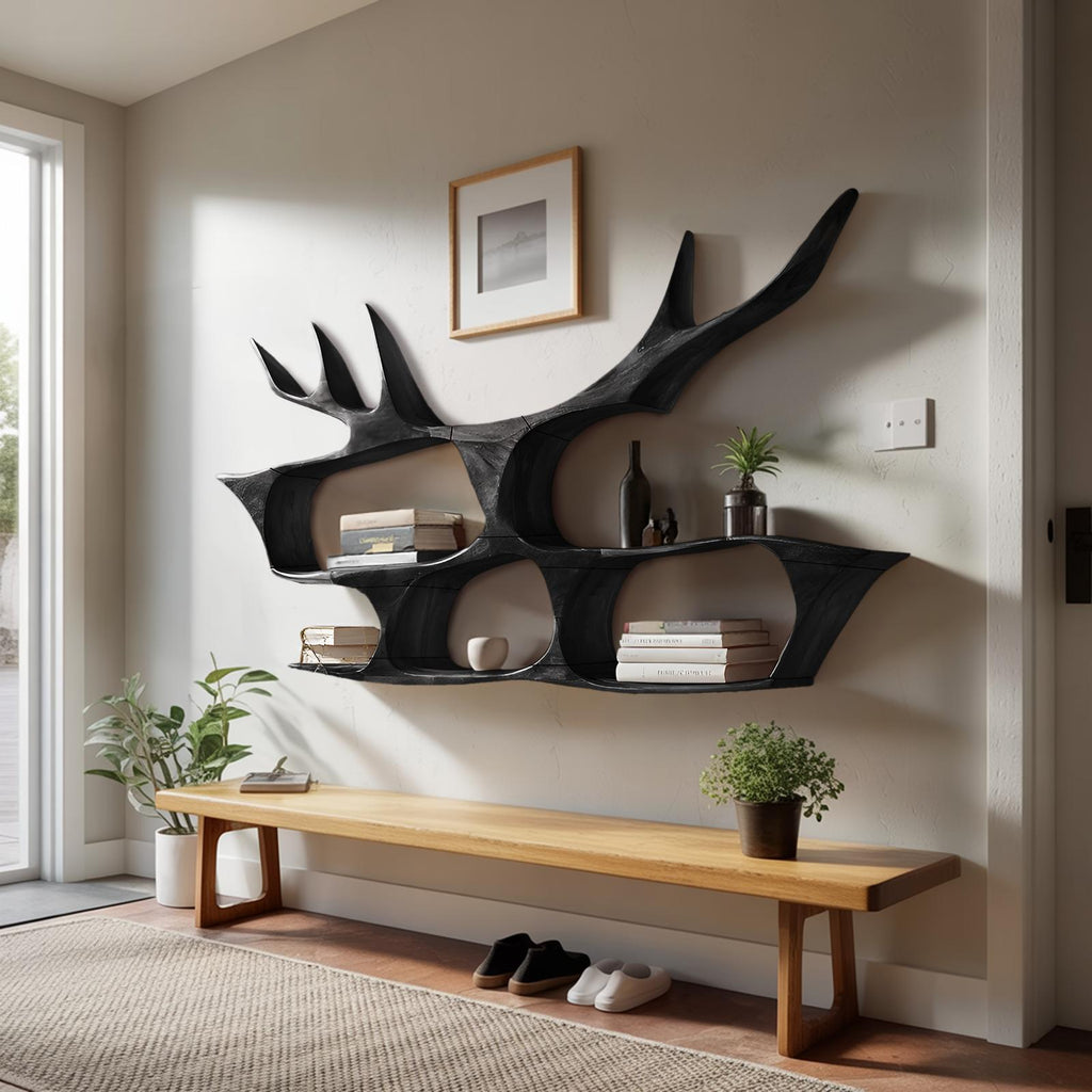 Mid Century Handcrafted Wooden Wall Mount Shelf, Floating Solid Wood Display Ledge Rack, Modern Storage Bookcase for Foyer Entryway