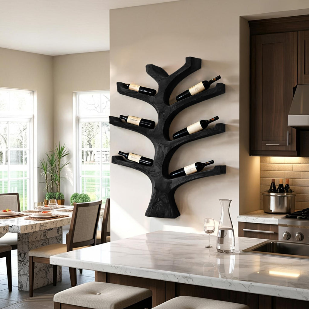 Rustic Wall Mounted Tree Branch Wine Rack, Solid Wood Bottle Holder for Kitchen & Dining Wall Decor