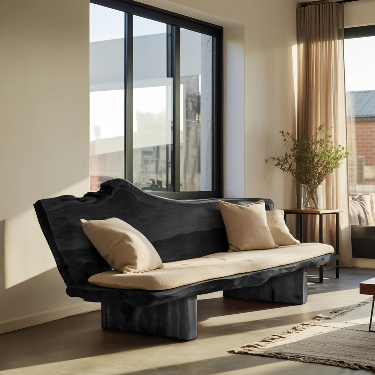 Organic Wood Sofa with Natural Live Edge Design, Rustic Modern Timber Settee Couch for Living Room