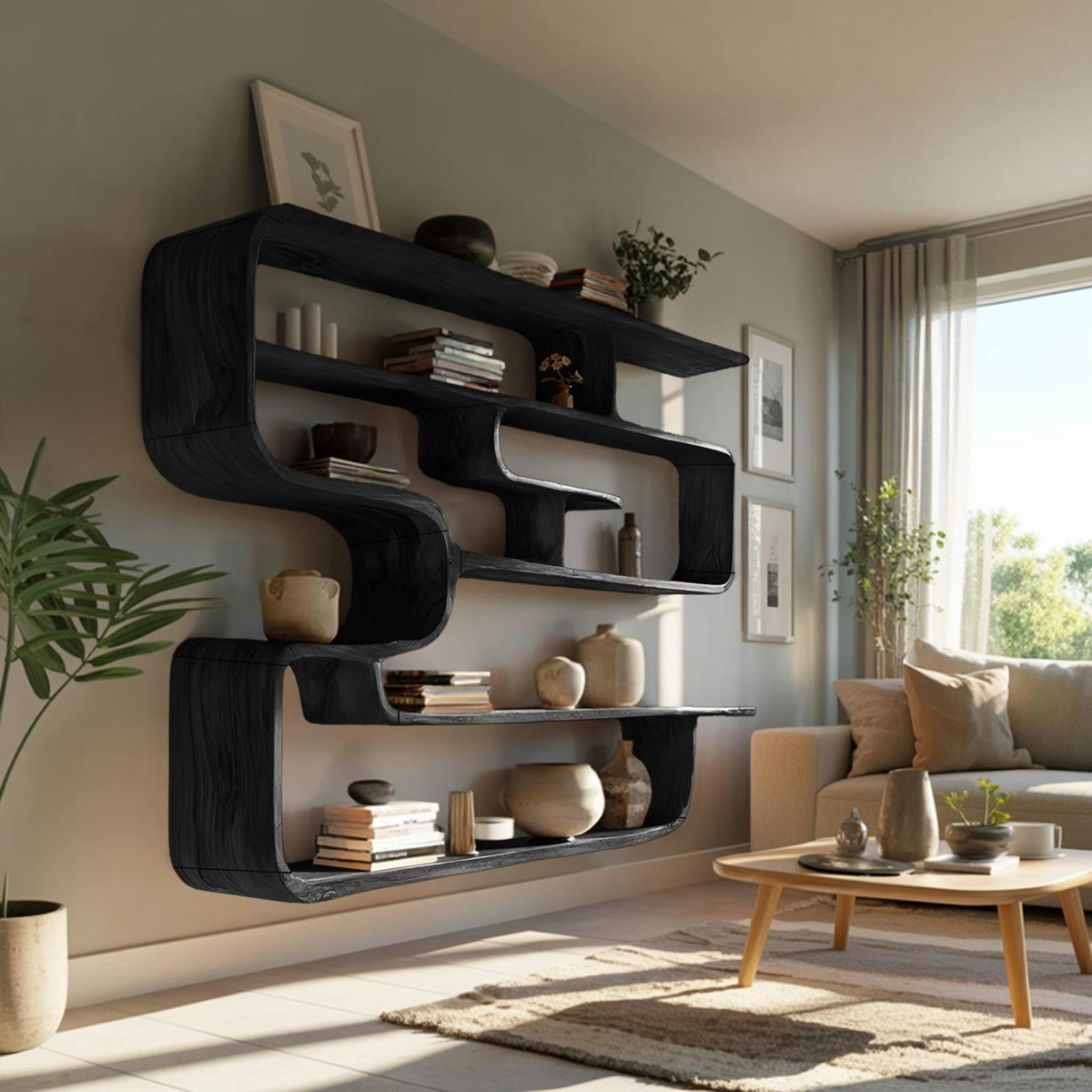 Rustic Live Edge Wood Shelving Unit, Floating Wall-Mounted Display Bookshelf & Storage Organizer Rack for Living Room