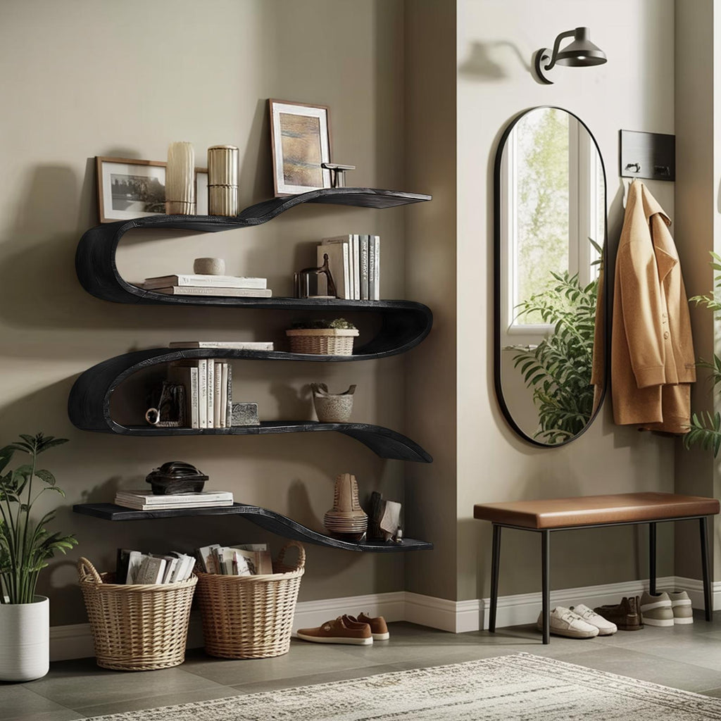 Industrial Natural Wood Floating Shelf, Heavy Duty Wall Mounted Kitchen & Pantry Storage Rack