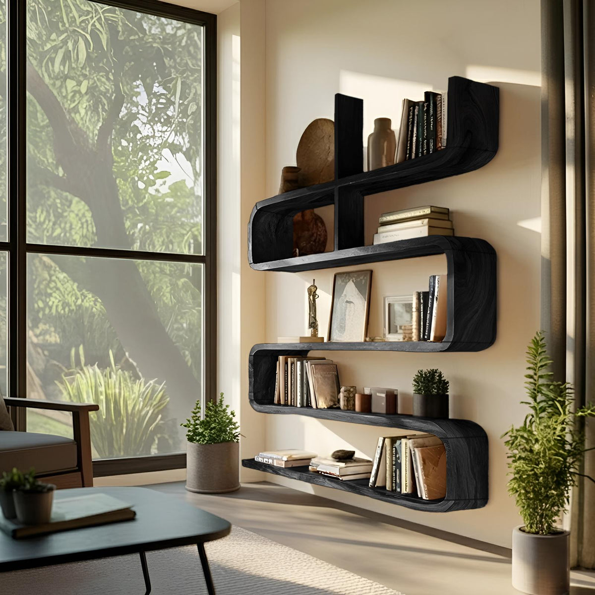Modern Natural Wood Display Shelf, Handcrafted Solid Wooden Floating Wall Mount Ledge Bookshelf Rack for Living Room Decor Accent