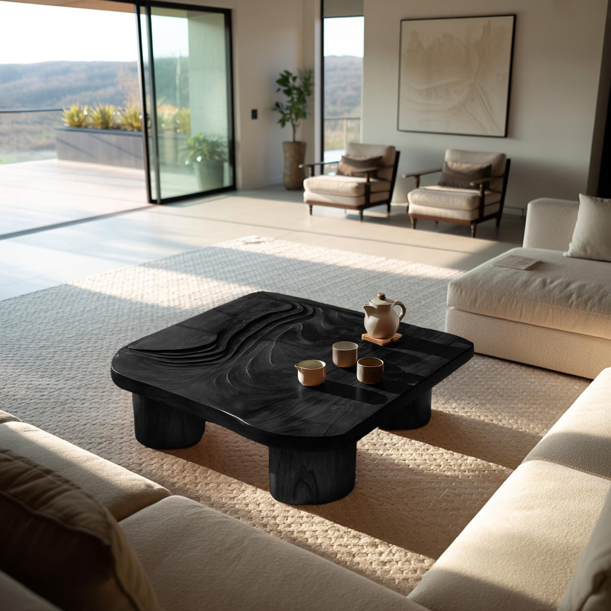 Handcrafted Abstract Solid Wood Coffee Table, Modern Sculptural Low Accent Table for Entryway & Living Room