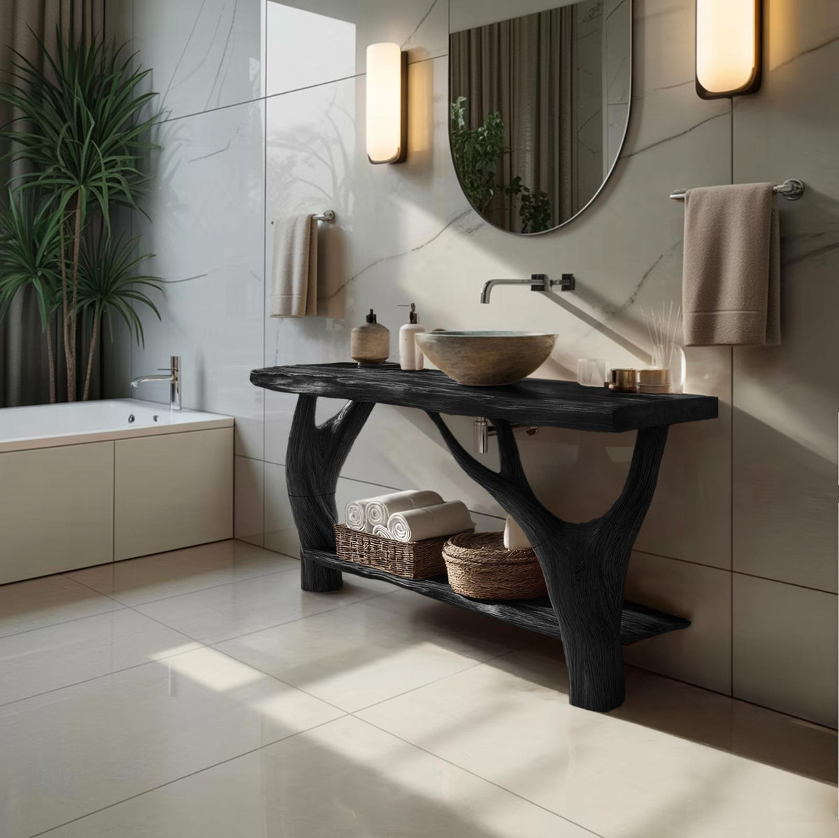 Mid Century Solid Wood Bathroom Vanity Cabinet, Organic Live Edge Floating Wooden Sink Console Table
