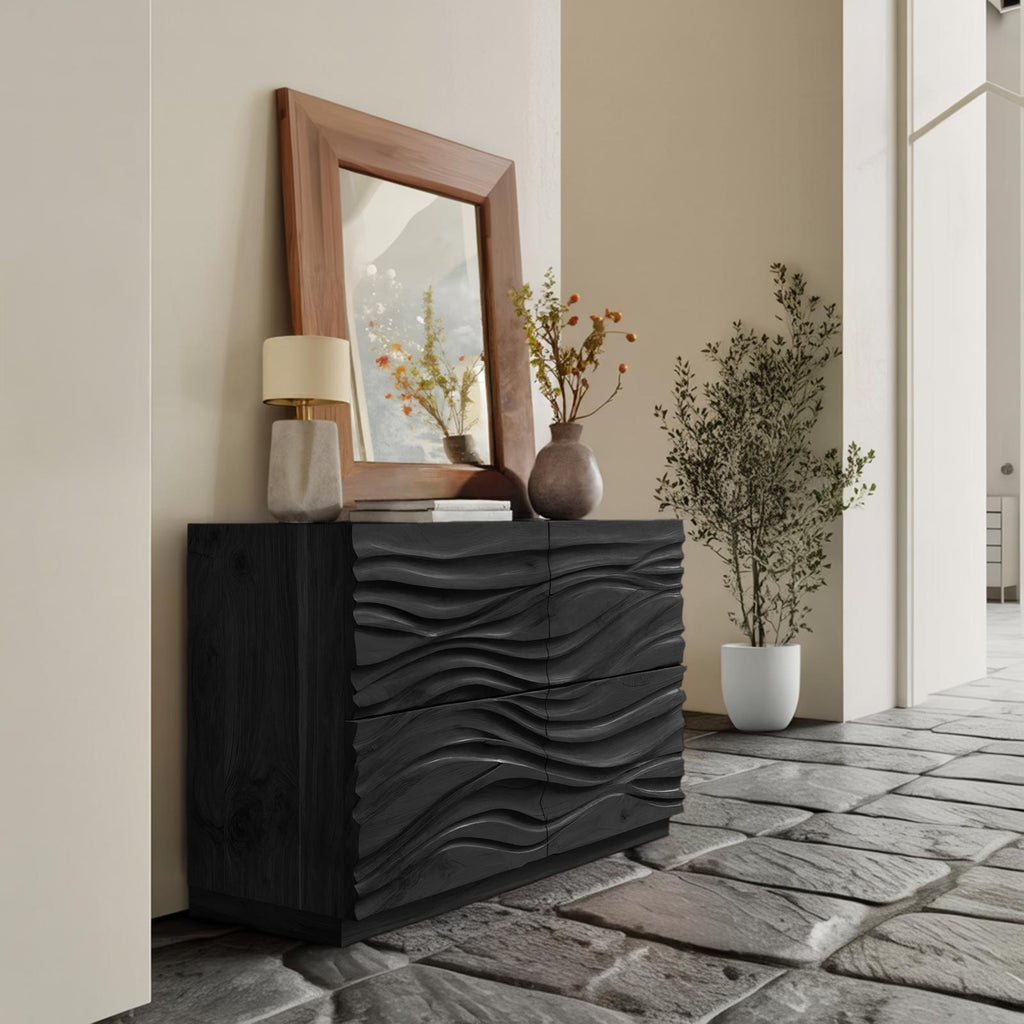 Handcrafted Sideboard with Carved Wave Design, Solid Wood Credenza Storage Cabinet for Living Room Decor, Model