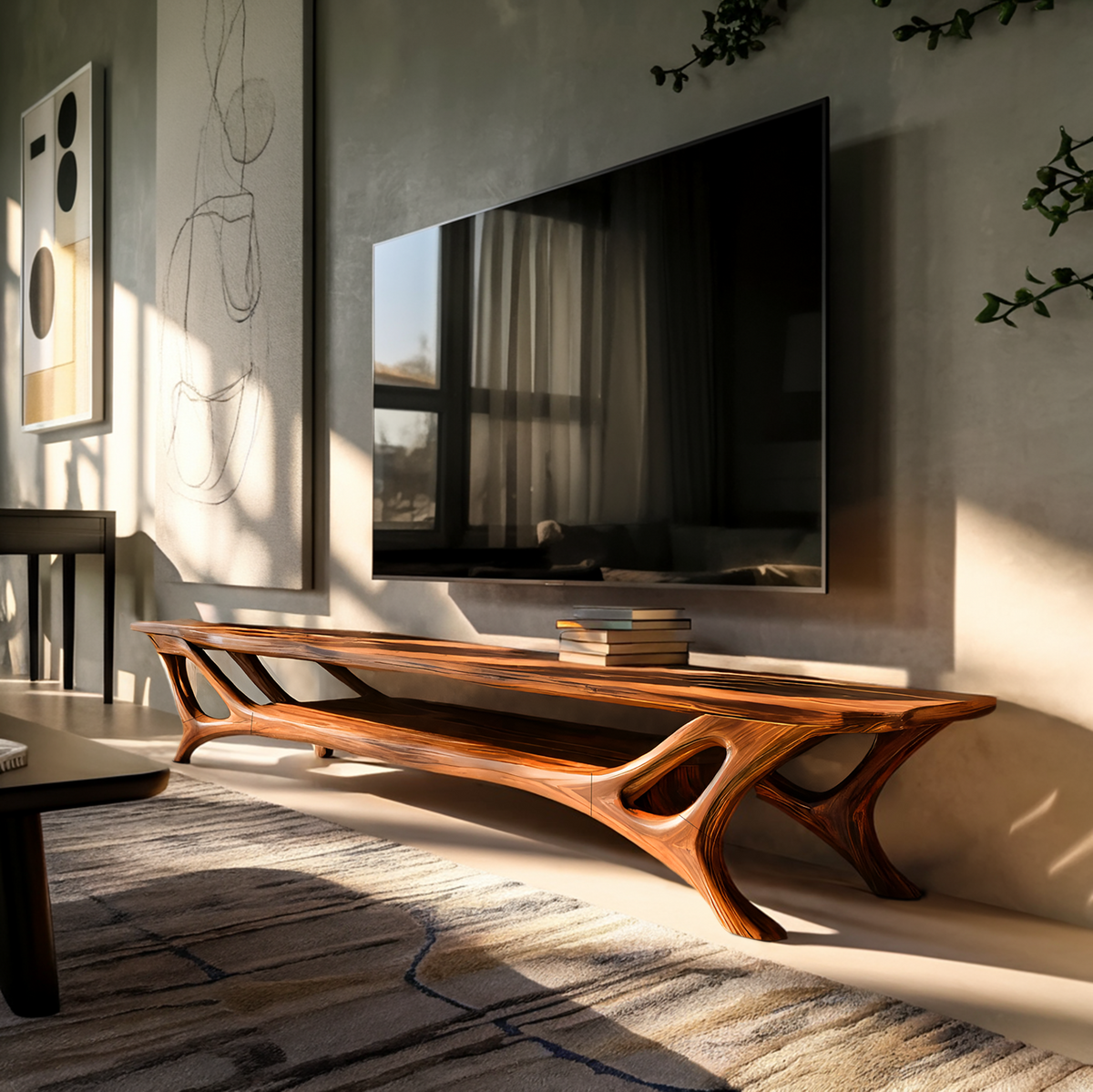 Curved Wood TV Stand for Contemporary Living Room, Modern Sculptural Media Console Credenza Entertainment Center