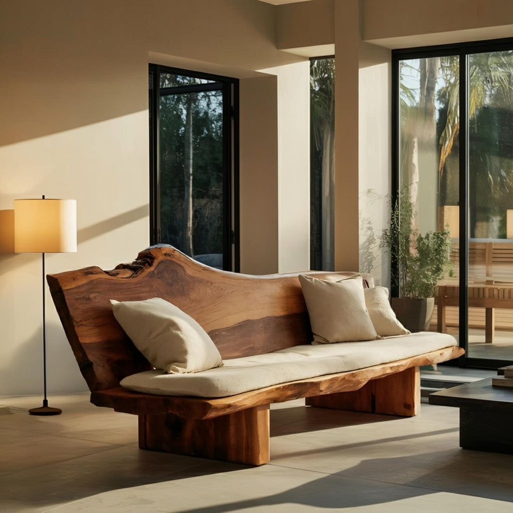 Organic Wood Sofa with Natural Live Edge Design, Rustic Modern Timber Settee Couch for Living Room