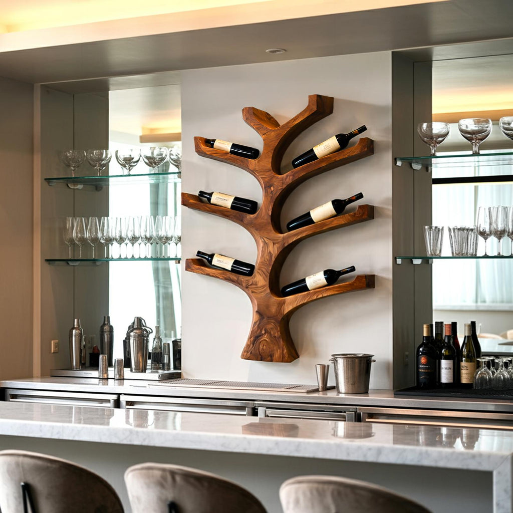 Rustic Wall Mounted Tree Branch Wine Rack, Solid Wood Bottle Holder for Kitchen & Dining Wall Decor