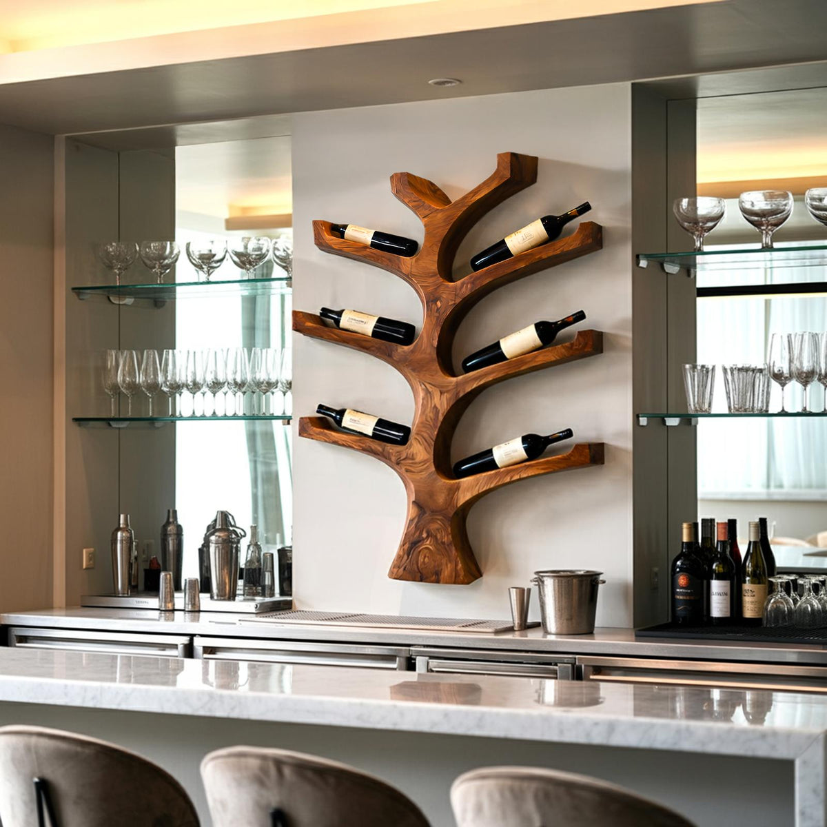 Rustic Wall Mounted Tree Branch Wine Rack, Solid Wood Bottle Holder for Kitchen & Dining Wall Decor