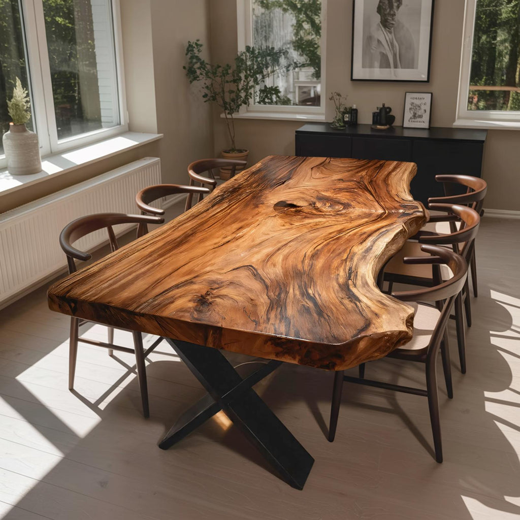 Spry Interior Modern Live Edge Dining Table, Natural Grain Solid Wood Kitchen & Dining Room Table, SILDTTRDN021