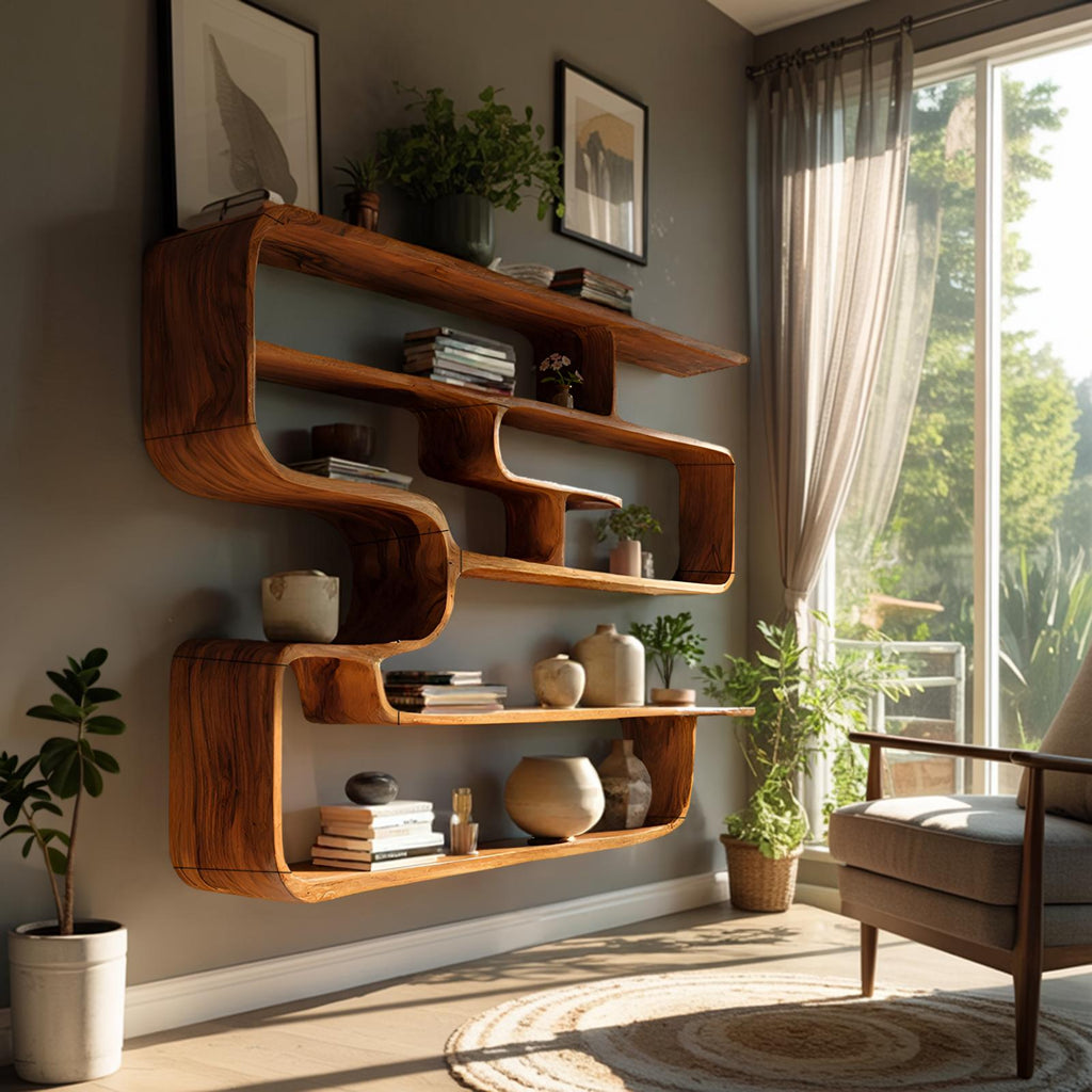 Rustic Live Edge Wood Shelving Unit, Floating Wall-Mounted Display Bookshelf & Storage Organizer Rack for Living Room