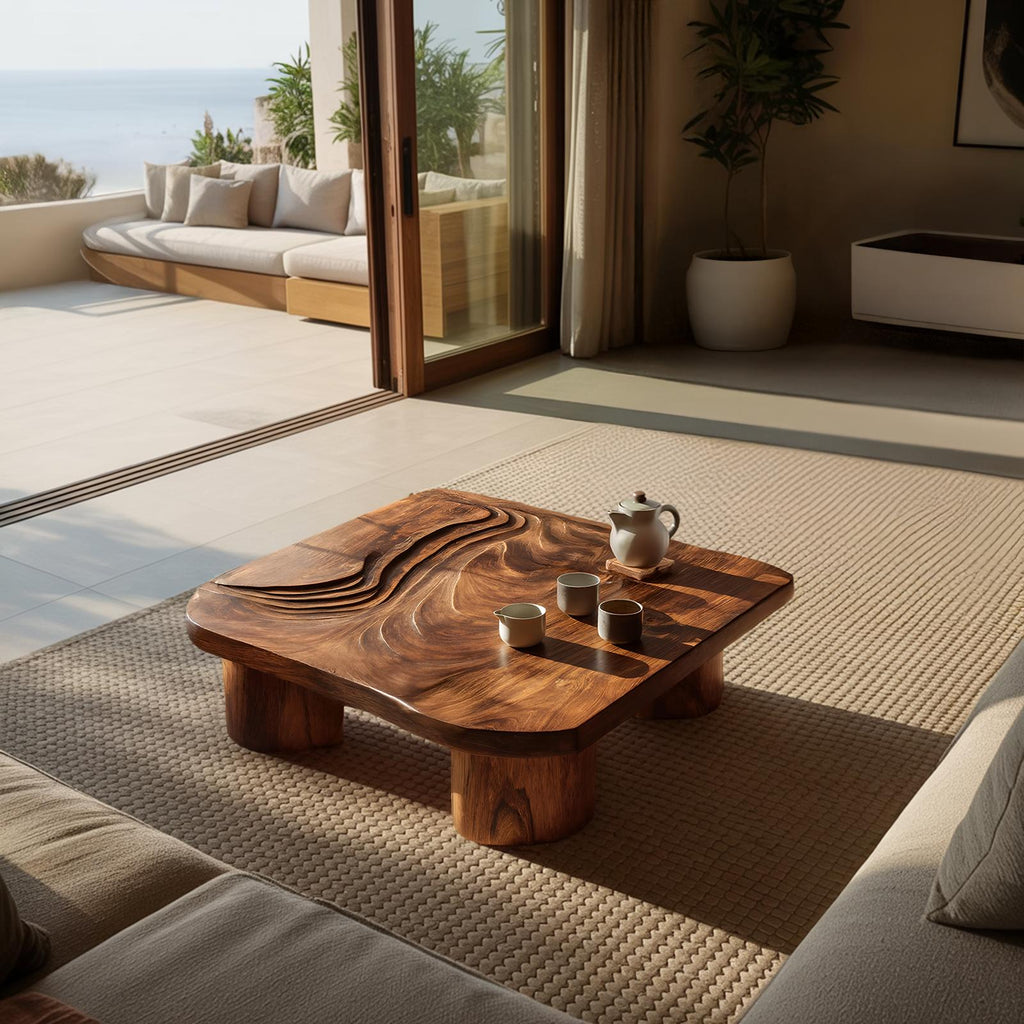 Handcrafted Abstract Solid Wood Coffee Table, Modern Sculptural Low Accent Table for Entryway & Living Room