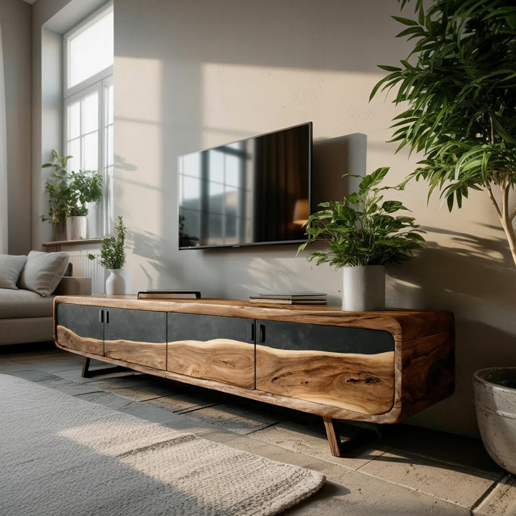 Handcrafted Live Edge TV Console, Natural Slab Wood Entertainment Center & Rustic Media Stand Cabinet