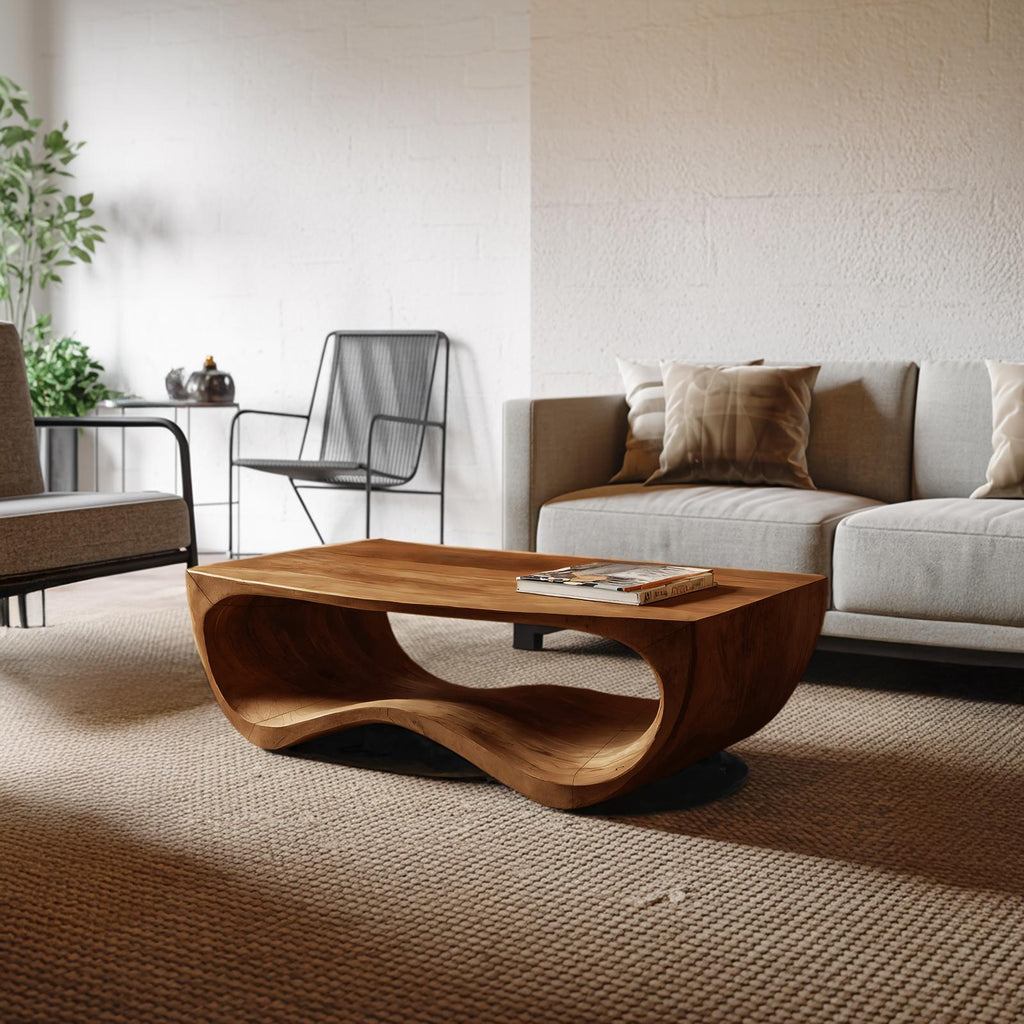 Artistic Sculptural Curved Coffee Table, Handcrafted Solid Wood Center Table for Modern Living Room Lounge, Model