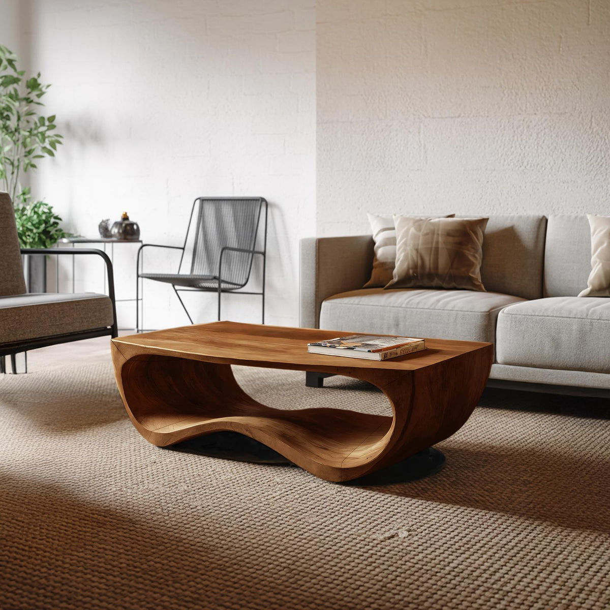 Artistic Sculptural Curved Coffee Table, Handcrafted Solid Wood Center Table for Modern Living Room Lounge, Model