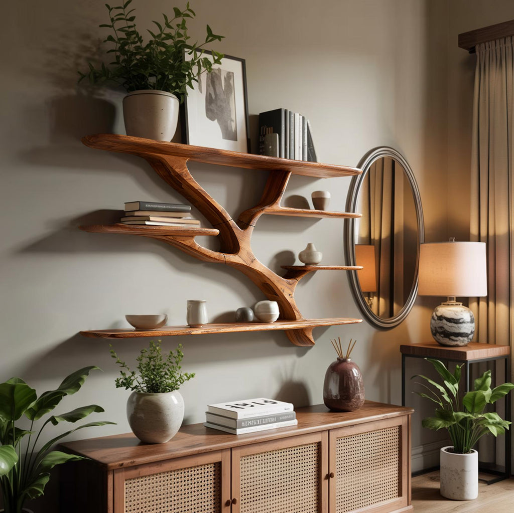 Industrial Floating Wooden Shelving Unit, Handcrafted Wall Mounted Storage Organizer Bookshelf for Bedroom Decor