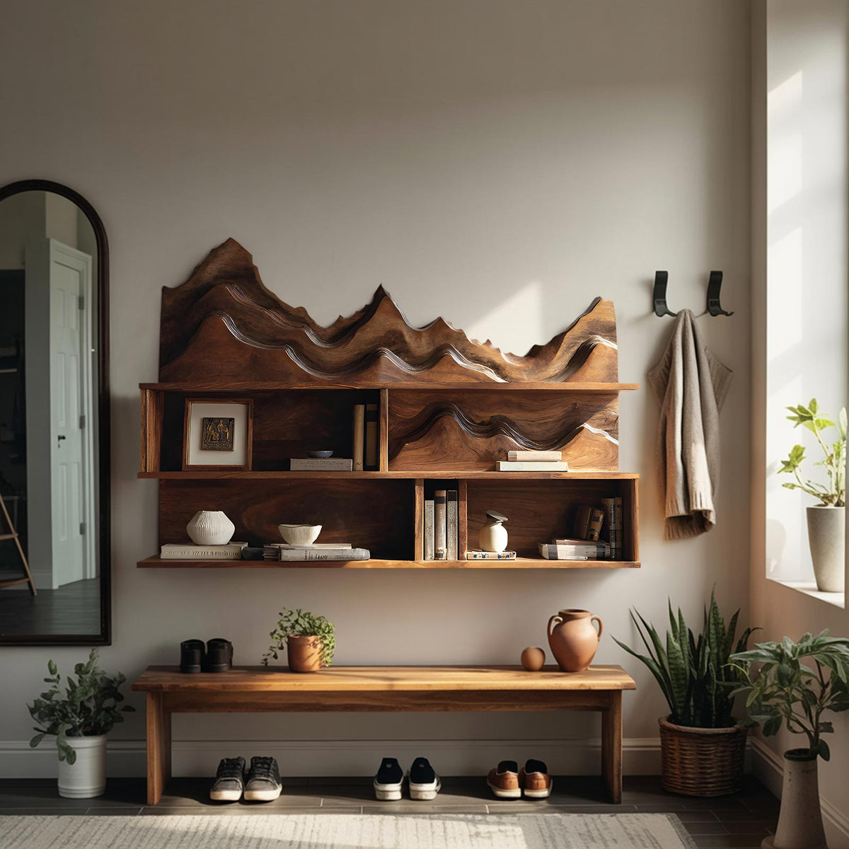 Minimalist Wooden Wall Mounted Bookshelf, Floating Wood Office Bookcase & Storage Organizer Shelf
