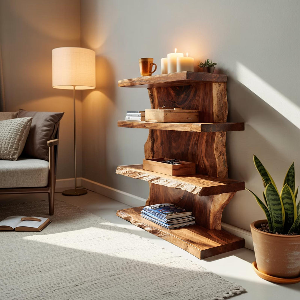 Modern Wooden Live Edge Standing Shelf, Tiered Solid Wood Bookshelf Organizer with Metal Frame for Living Room Entryway Storage Decor