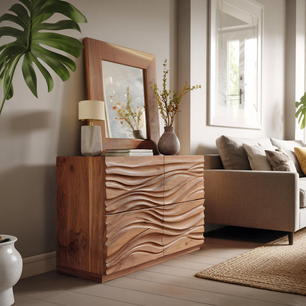 Handcrafted Sideboard with Carved Wave Design, Solid Wood Credenza Storage Cabinet for Living Room Decor, Model