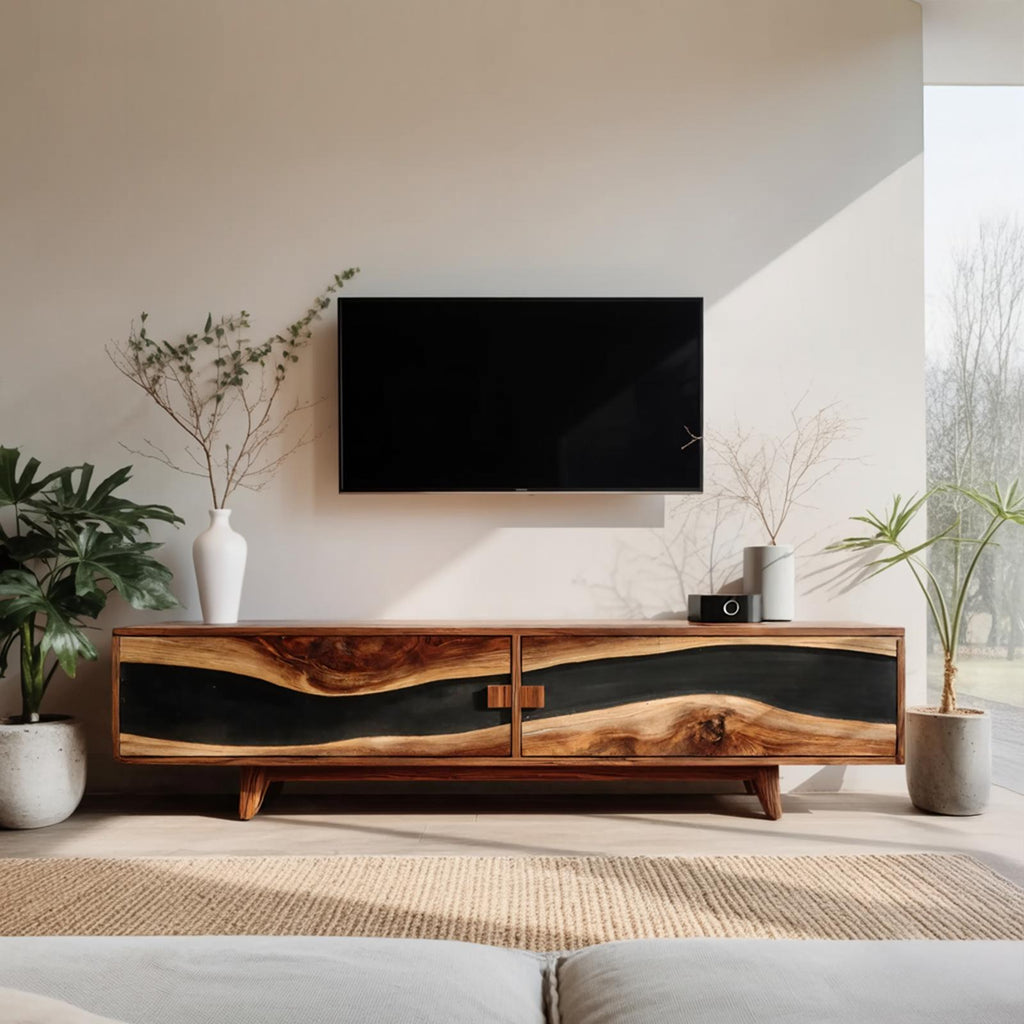Spry Interior Farmhouse Wooden Entertainment Center, Solid Wood Rustic TV Stand & Storage Console for Living Room, SILDTTNTVC099