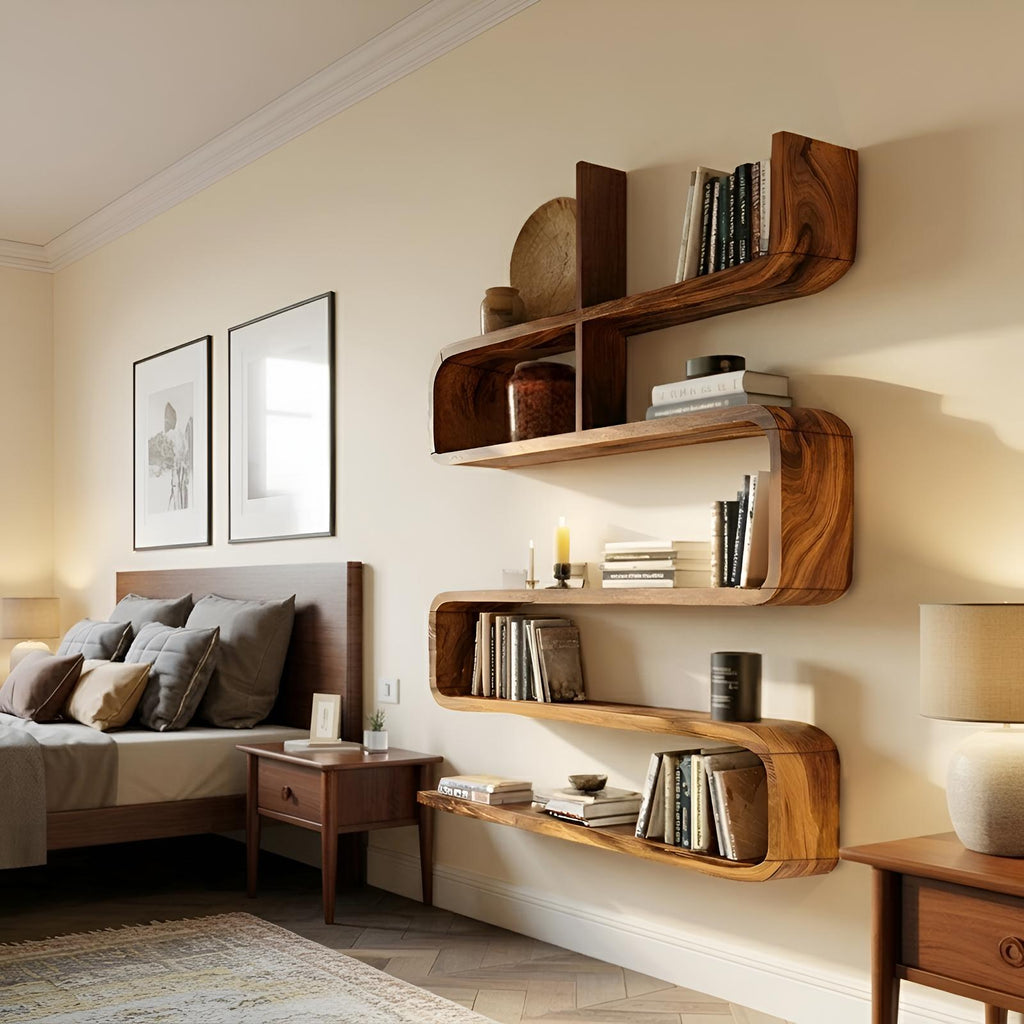 Modern Natural Wood Display Shelf, Handcrafted Solid Wooden Floating Wall Mount Ledge Bookshelf Rack for Living Room Decor Accent