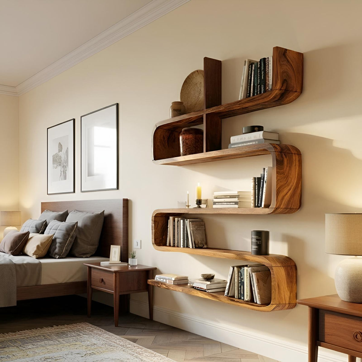 Modern Natural Wood Display Shelf, Handcrafted Solid Wooden Floating Wall Mount Ledge Bookshelf Rack for Living Room Decor Accent