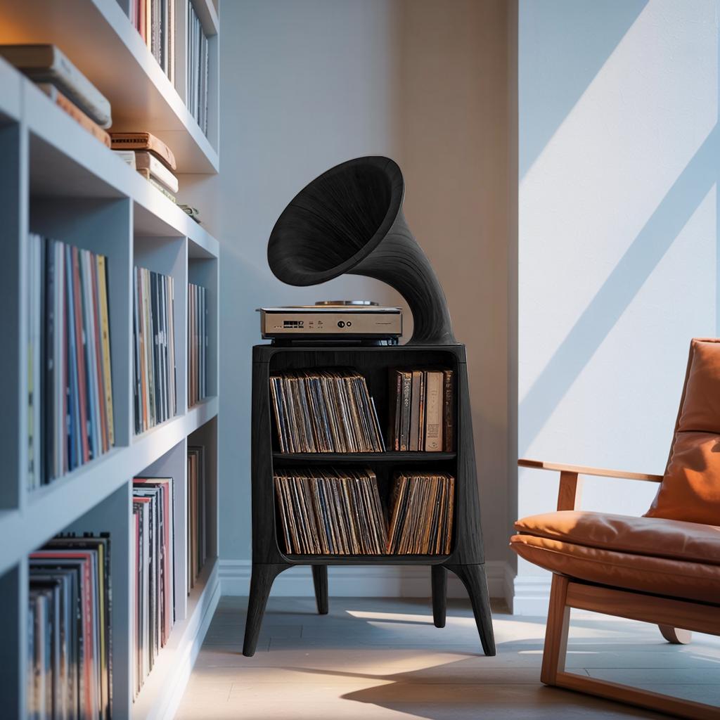 Mid Century Modern Record Console Table, Handcrafted Solid Wood Vinyl Storage Cabinet Shelf for Living Room Audio Station