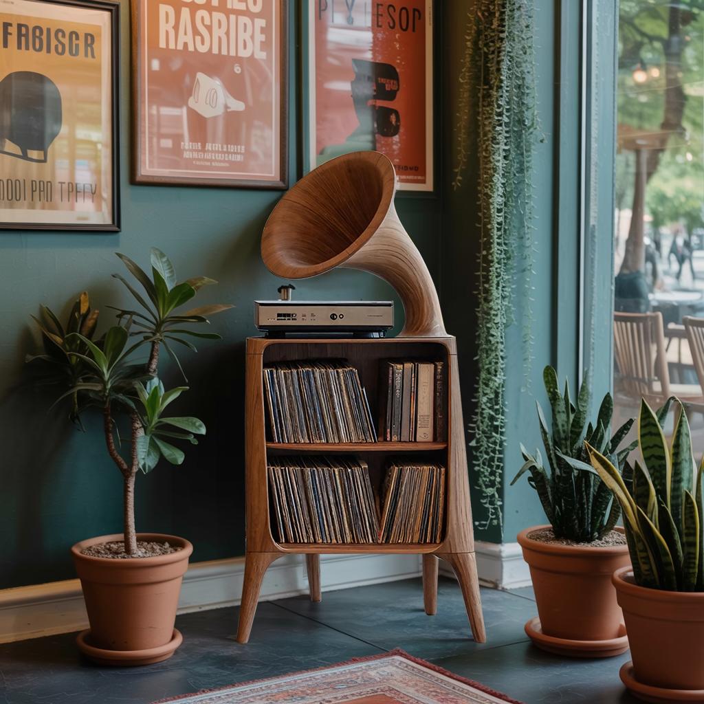 Mid Century Modern Record Console Table, Handcrafted Solid Wood Vinyl Storage Cabinet Shelf for Living Room Audio Station