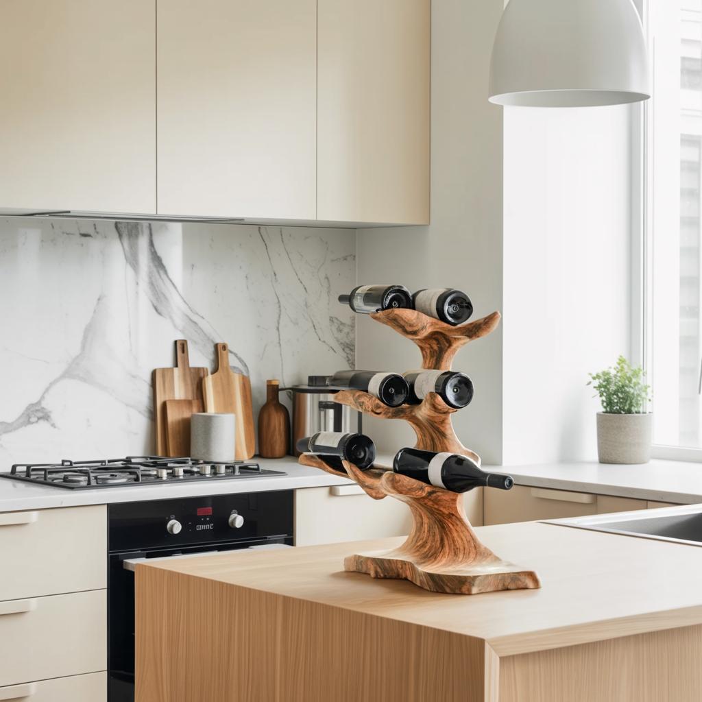 Rustic Countertop Wine Rack, Handcrafted Vintage Wood Wine Bottle Holder & Storage Organizer for Kitchen Cabinet