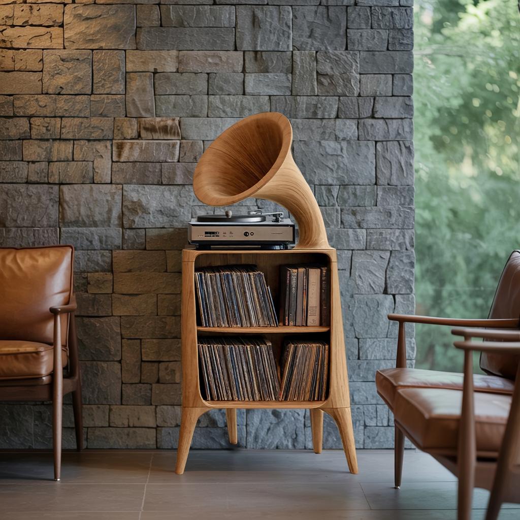 Mid Century Modern Record Console Table, Handcrafted Solid Wood Vinyl Storage Cabinet Shelf for Living Room Audio Station