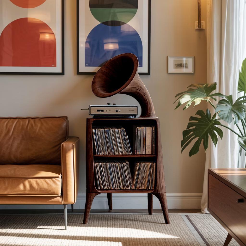 Mid Century Modern Record Console Table, Handcrafted Solid Wood Vinyl Storage Cabinet Shelf for Living Room Audio Station