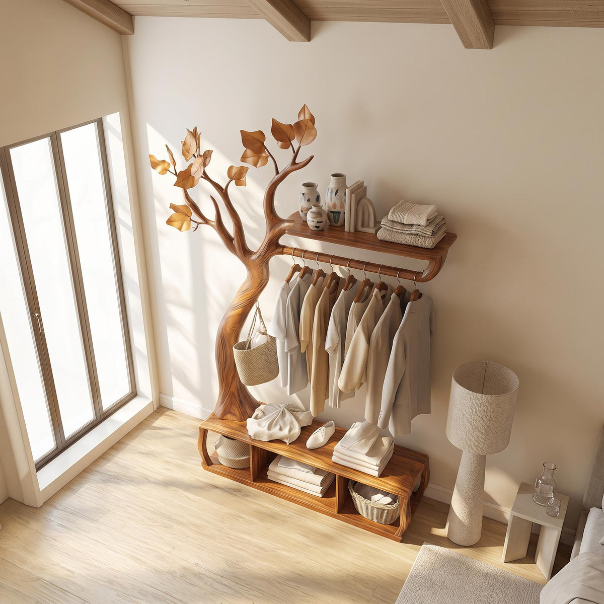 Rustic Tree coat Rack Bedroom Closet Organizer Storage
