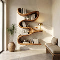Modern Organic Wall Bookshelf, Solid Wood Flowing Multi-Tier Floating Display Shelf for Living Room Decor