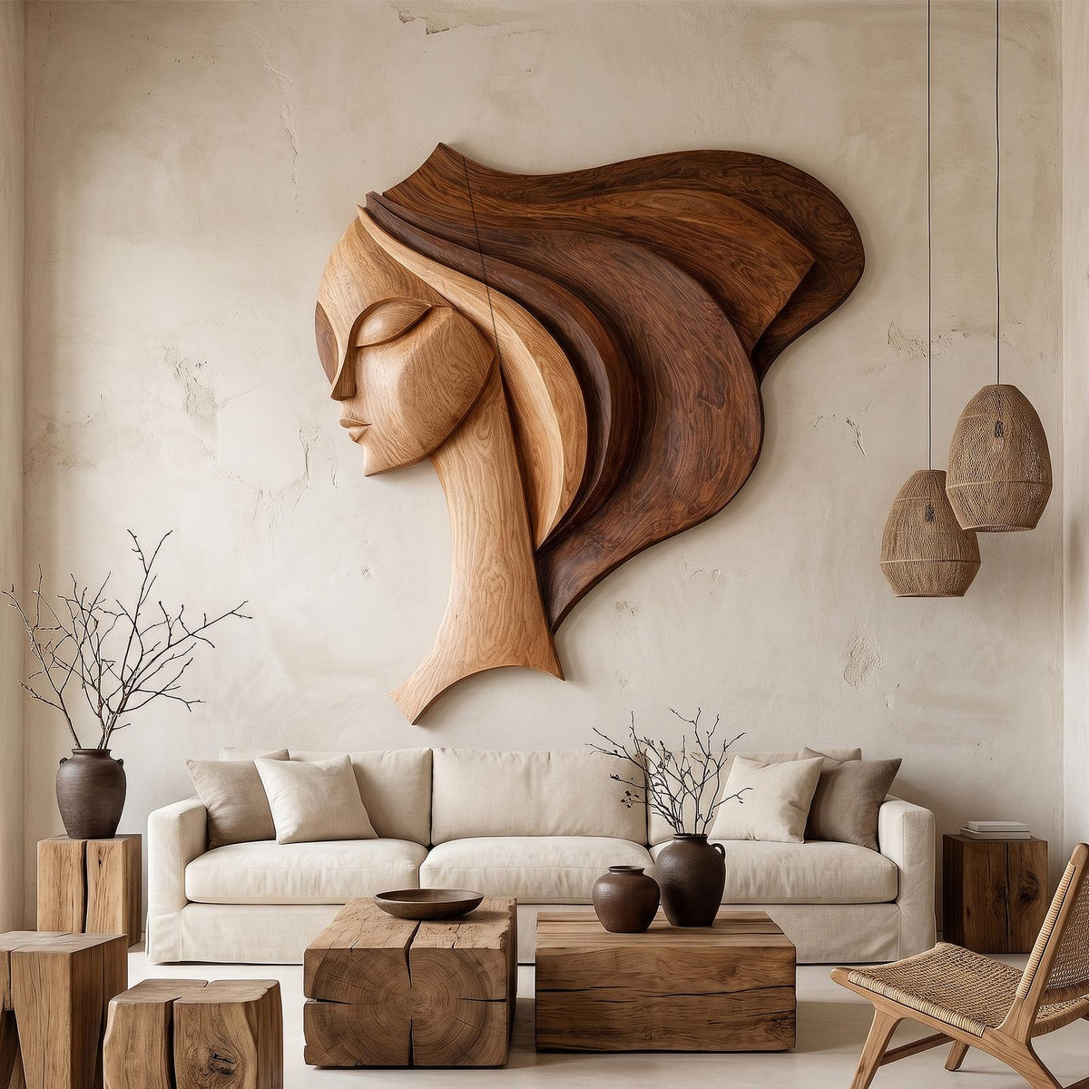 Spry Interior Abstract Female Face Wood Wall Art Sculpture, Handcrafted Geometric Portrait Panel for Living Room Decor, SINLHAWD068