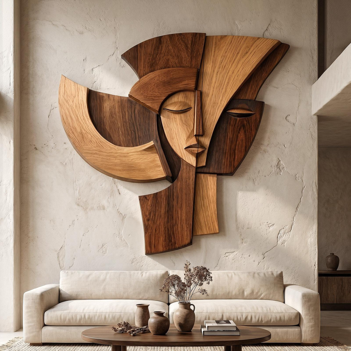 Spry Interior Abstract Wooden Face Wall Decor Panel, Handcrafted Modern Cubist Silhouette Portrait Art Sculpture for Home, SINLHAWD069