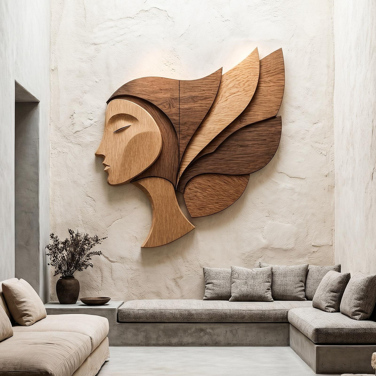 Spry Interior Abstract Woman Face Wooden Wall Decor, Unique Handcrafted Silhouette Art Panel for Living Room Bedroom, SINLHAWD072