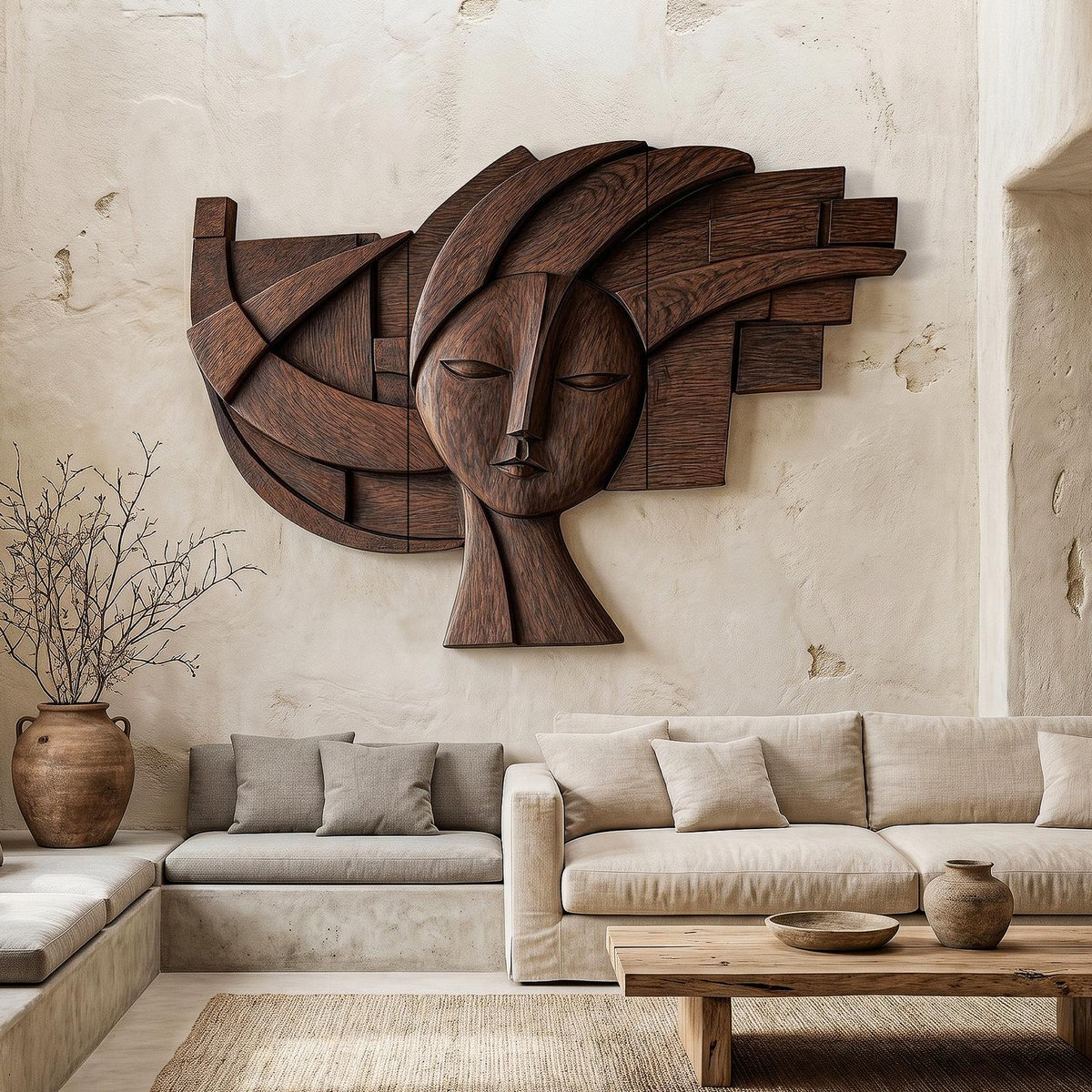 Spry Interior Abstract Tribal Face Wooden Wall Decor, Handcrafted Modern Wood Portrait Art Panel for Living Room, SINLHAWD073