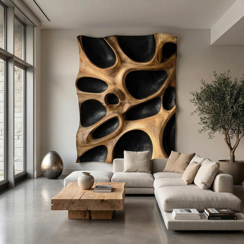 Organic Hollow Wood Wall Decor Panel, Handcrafted 3D Wooden Wall Art Sculpture for Bedroom and Living Room