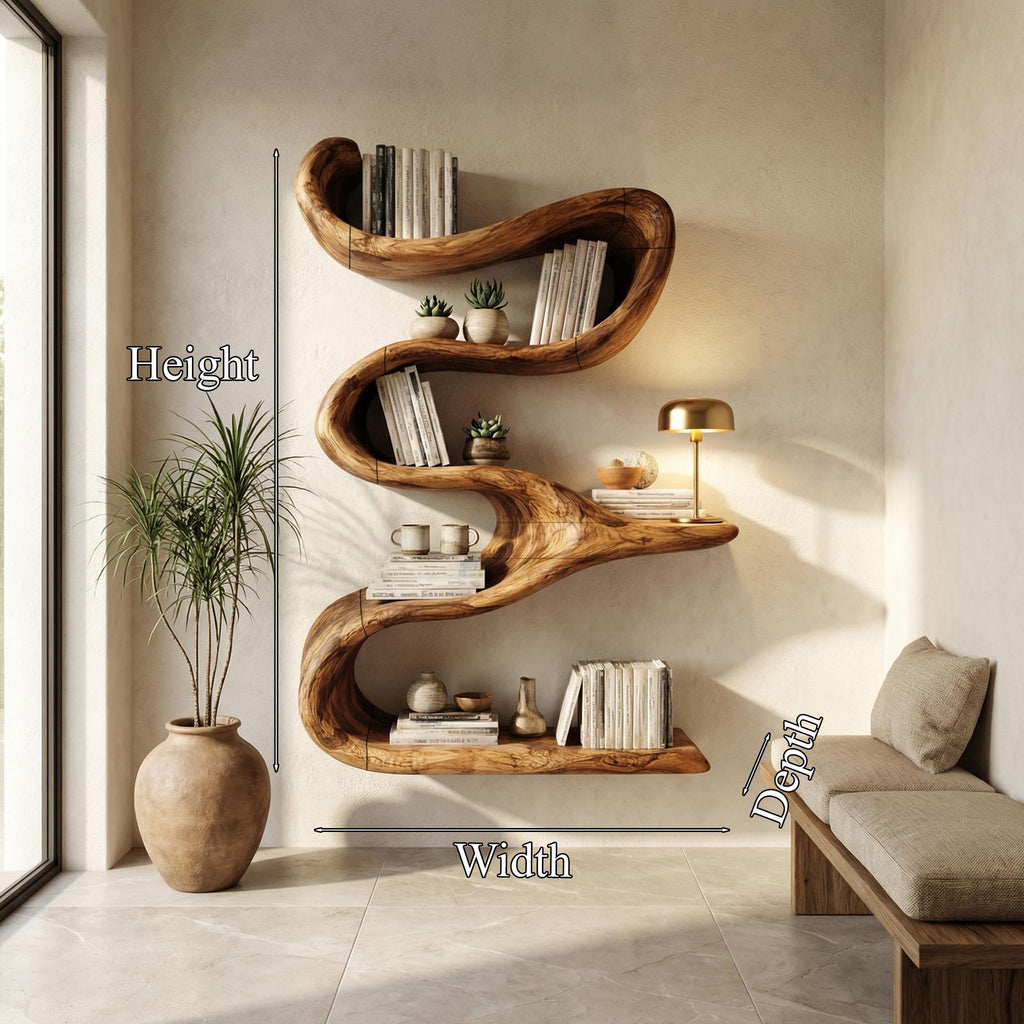 Modern Organic Wall Bookshelf, Solid Wood Flowing Multi-Tier Floating Display Shelf for Living Room Decor