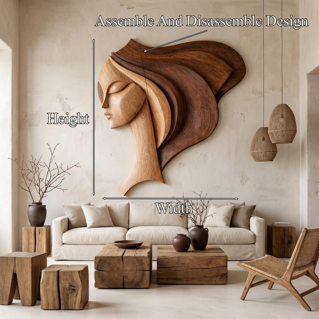 Teezano Abstract Female Face Wood Wall Art Sculpture, Handcrafted Geometric Portrait Panel for Living Room Decor, SINLHAWD068