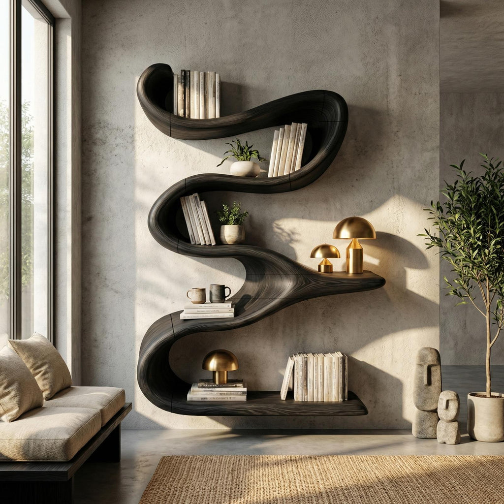 Modern Organic Wall Bookshelf, Solid Wood Flowing Multi-Tier Floating Display Shelf for Living Room Decor
