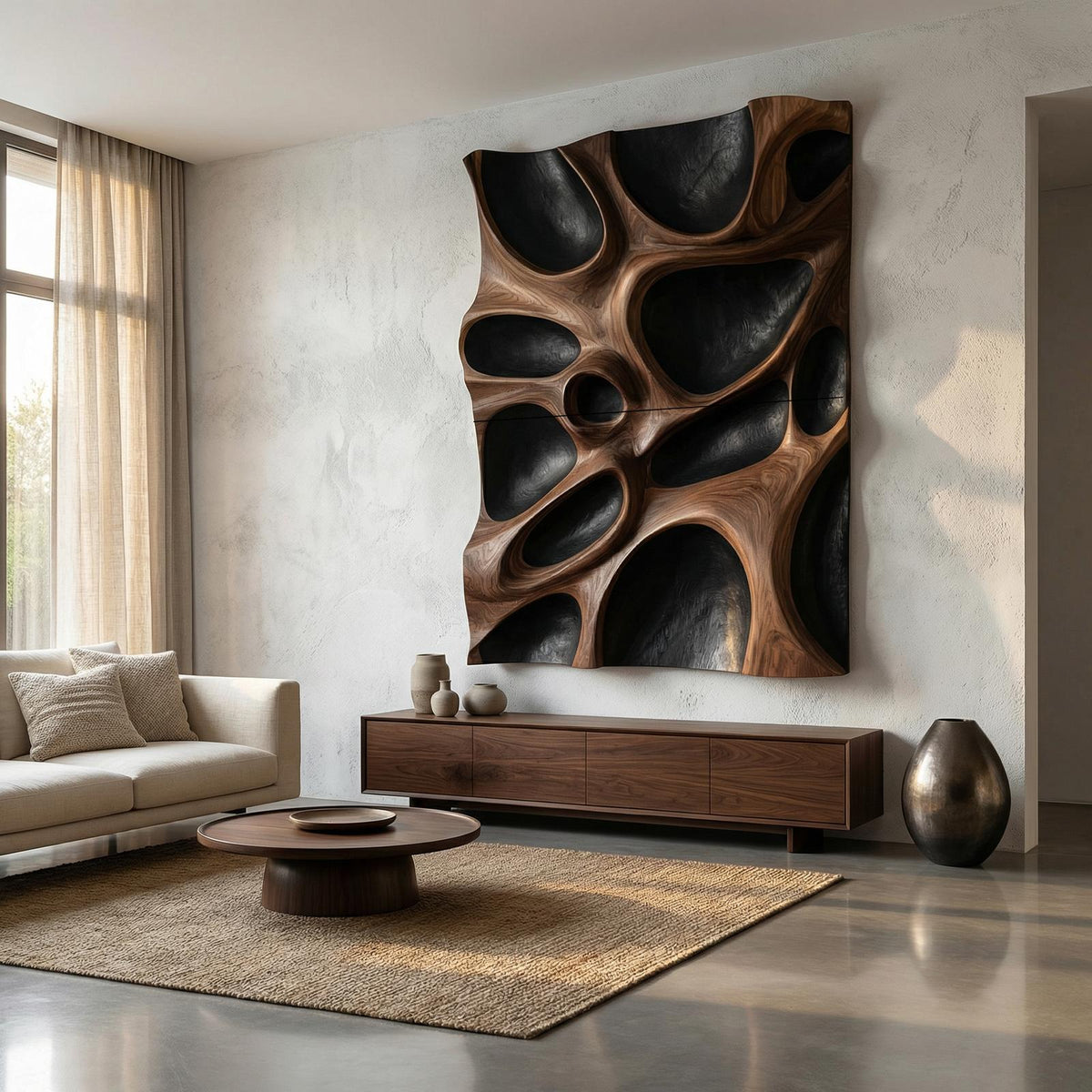 Organic Hollow Wood Wall Decor Panel, Handcrafted 3D Wooden Wall Art Sculpture for Bedroom and Living Room