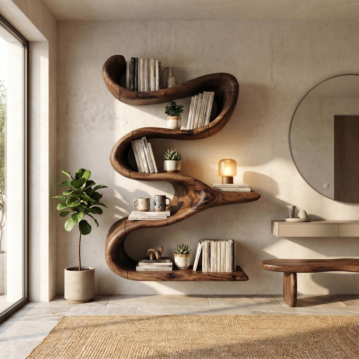 Modern Organic Wall Bookshelf, Solid Wood Flowing Multi-Tier Floating Display Shelf for Living Room Decor