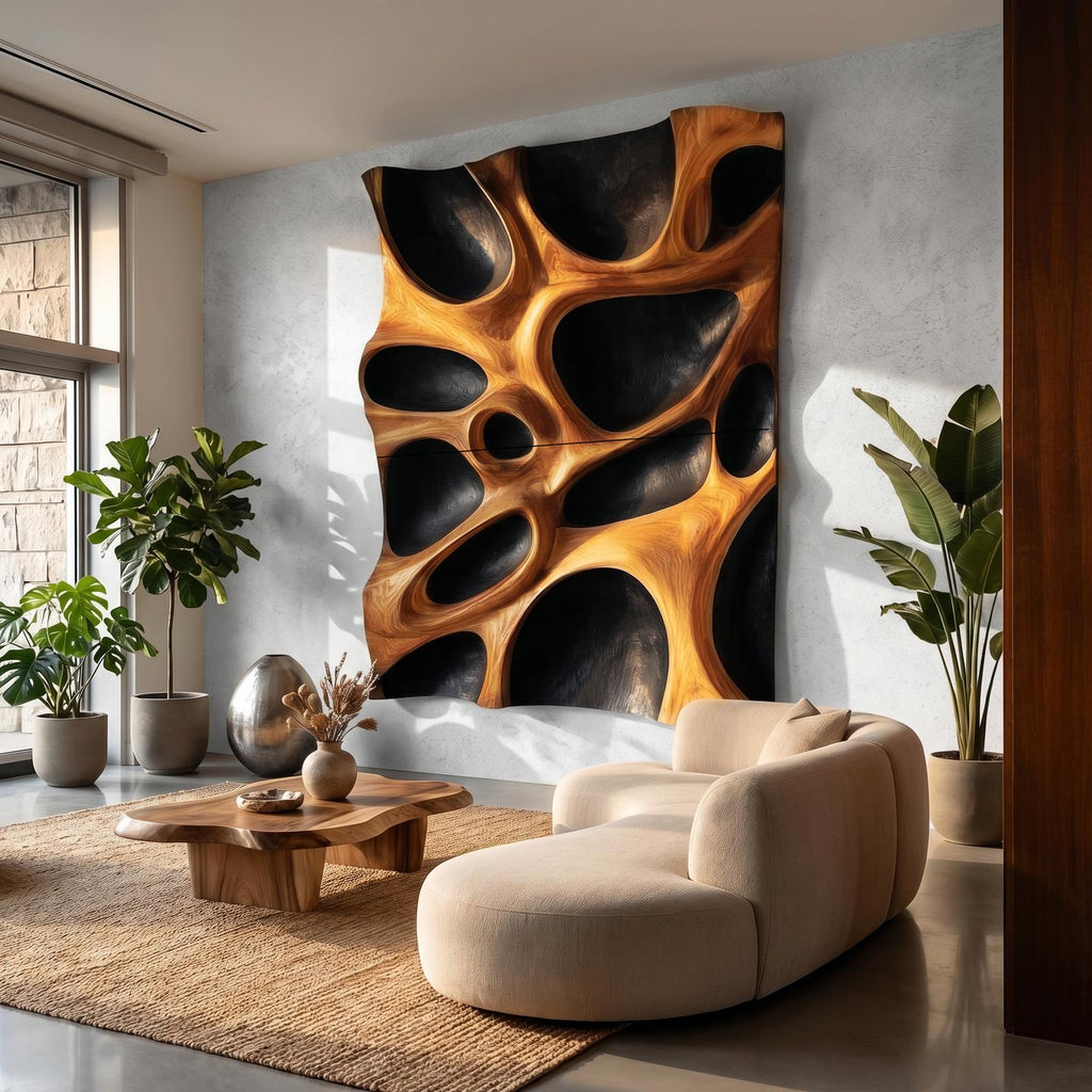 Organic Hollow Wood Wall Decor Panel, Handcrafted 3D Wooden Wall Art Sculpture for Bedroom and Living Room