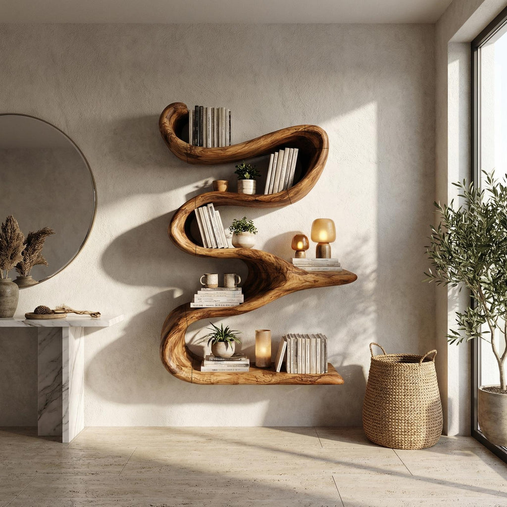 Modern Organic Wall Bookshelf, Solid Wood Flowing Multi-Tier Floating Display Shelf for Living Room Decor