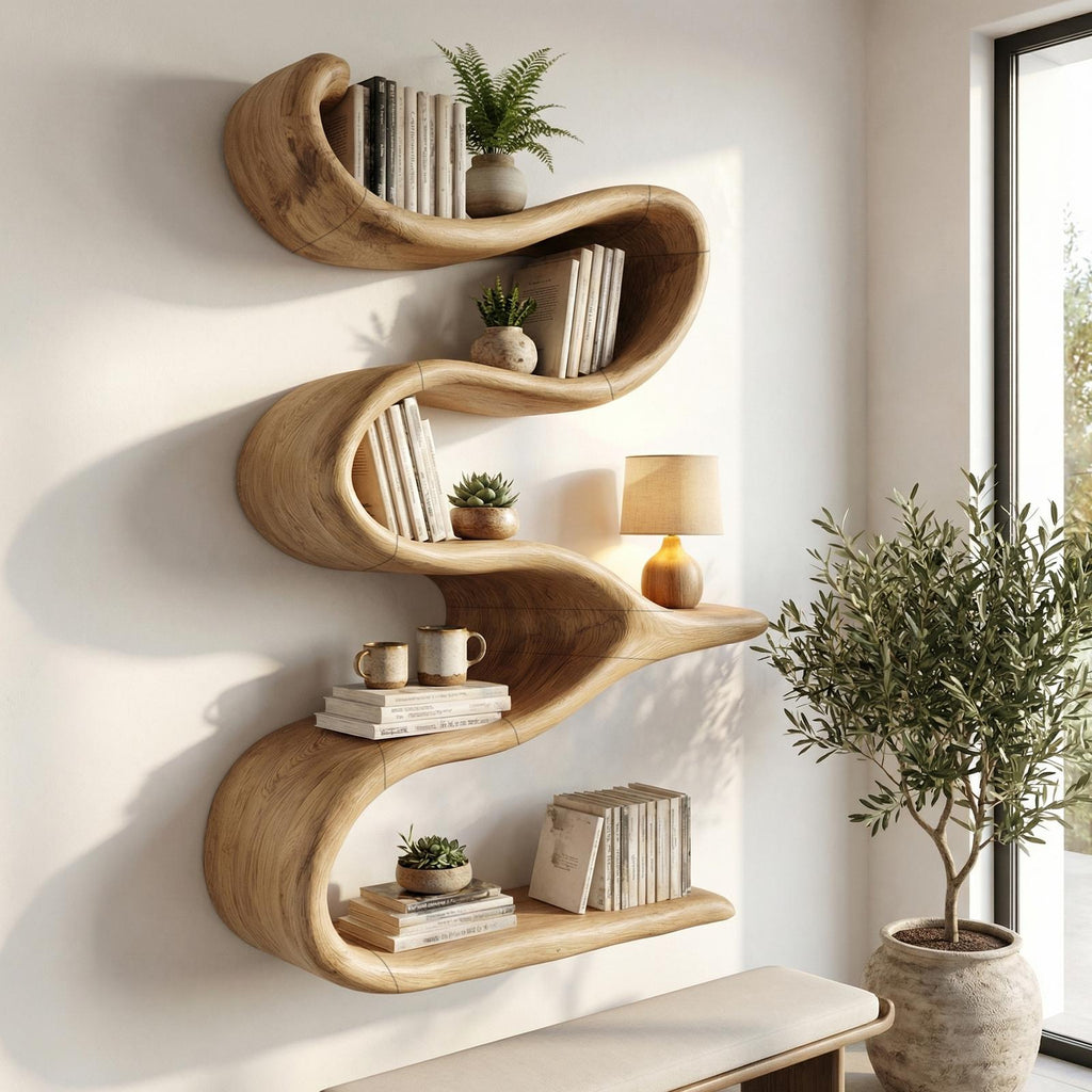 Modern Organic Wall Bookshelf, Solid Wood Flowing Multi-Tier Floating Display Shelf for Living Room Decor