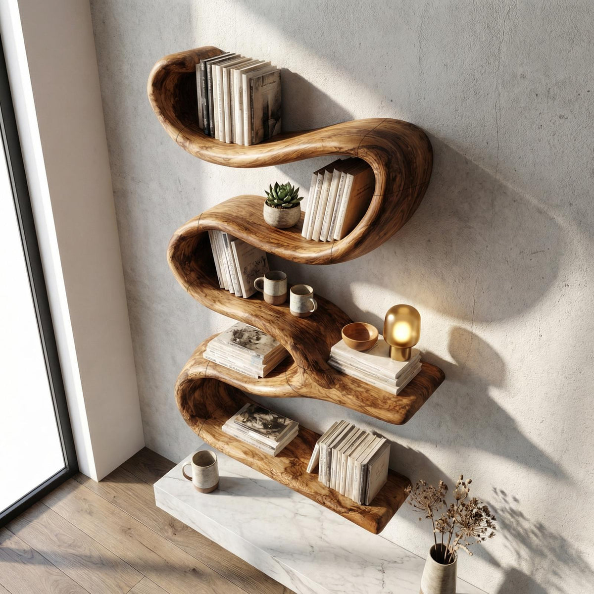 Modern Organic Wall Bookshelf, Solid Wood Flowing Multi-Tier Floating Display Shelf for Living Room Decor