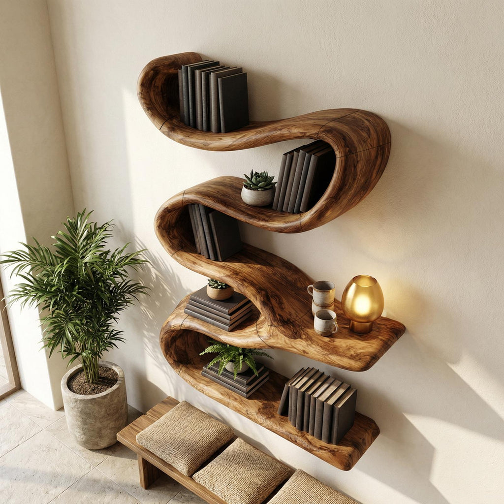 Modern Organic Wall Bookshelf, Solid Wood Flowing Multi-Tier Floating Display Shelf for Living Room Decor